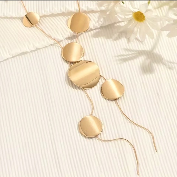 Gold Geometric Disc Pendant Necklace – Statement Long Layered Jewelry - Picture 1 of 8